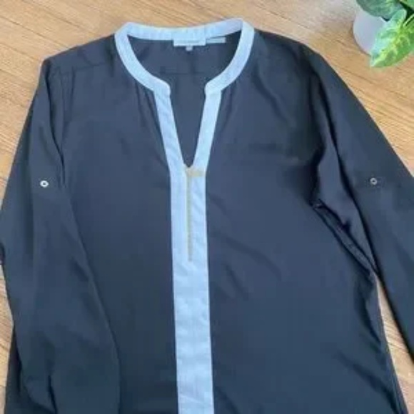Calvin Klein Two-Tone Black & White Contrast Long Sleeve Half Zip Blouse Size L - Picture 9 of 10